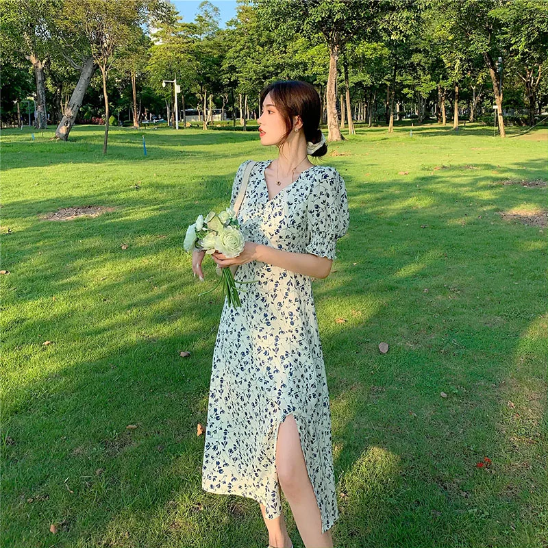 

HFJ 2021 Break Small Fresh Floral Dress Female Summer Long French First Love V-neck Chiffon Split Skirt Retro Dresses For Women