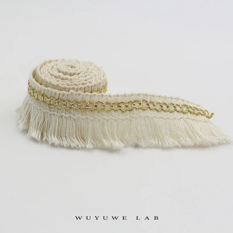 5 м Толстая бежевая хлопковая полоска с бахромой Золотая кружевная отделка