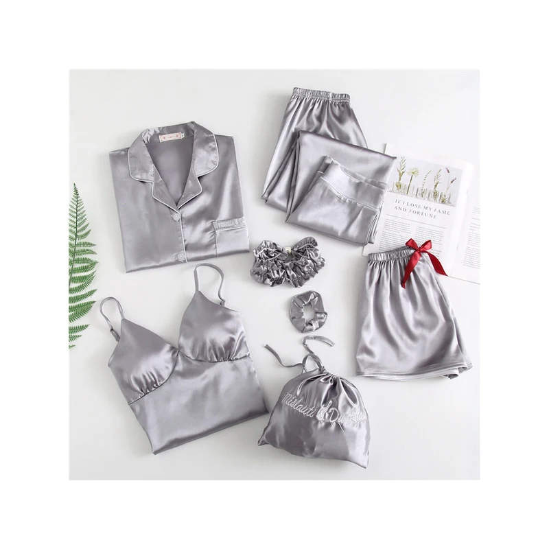 Пижама женская шелковая элегантная комплект из 7 предметов/2 предметов Топ с