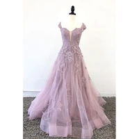 pink evening dresses 2022 lace appliques cap sleeves long sweetheart tulle a line floor length prom gowns formal party backless