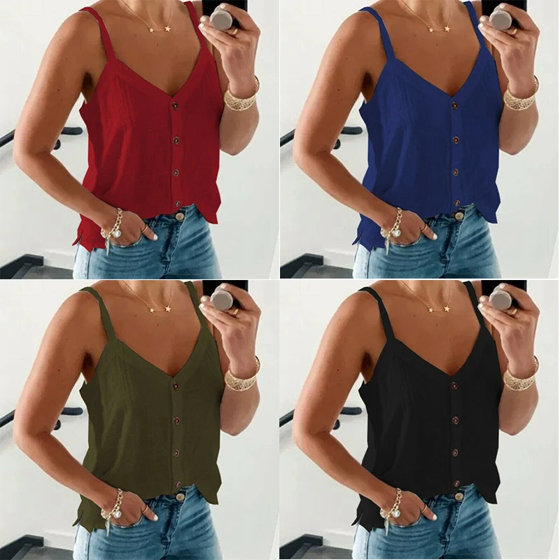 T-Shirt Blouse Women Summer Holiday Ladies Plus Size Cami Top Vest Strappy | Женская одежда