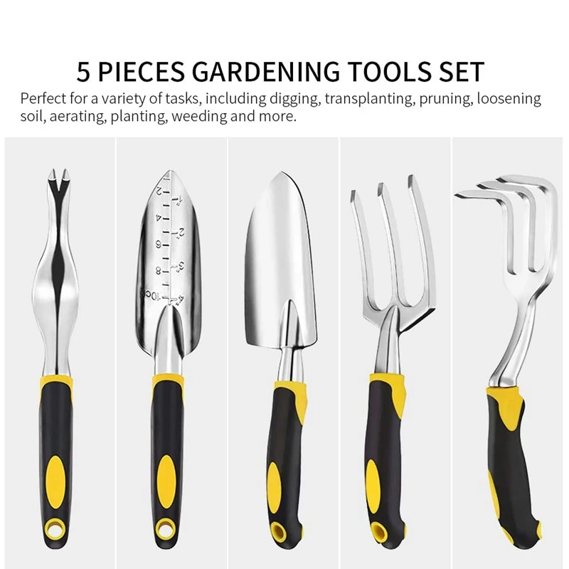 

5Pcs Garden Shovel, Rake, Fork, Root Extractor, Weed Puller,Loosening Garden Tool Set, Non-Slip Rubber Grip