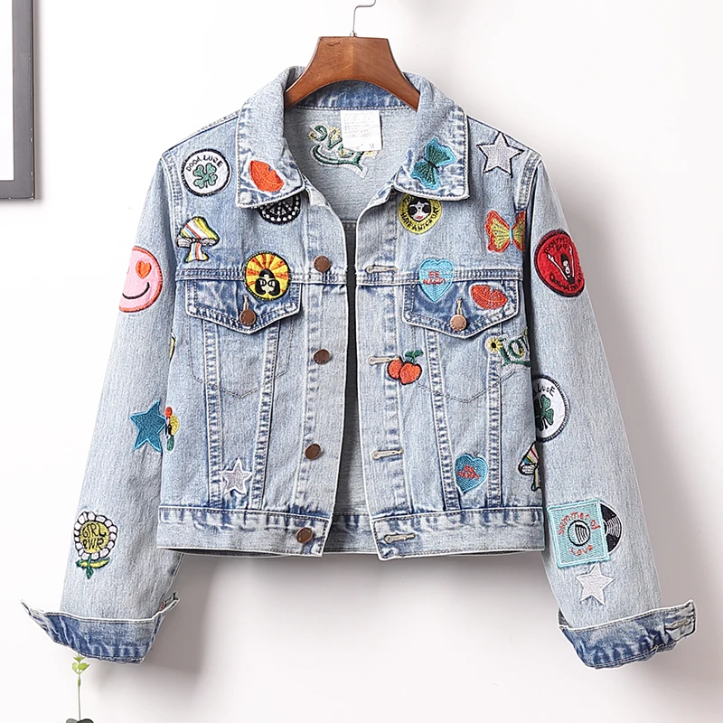 

Plus Size 5XL 2020 Spring Women Jean Jacket Cartoon Embroidery Appliques Denim Short Coats Full Sleeve Outwear Female Clothes
