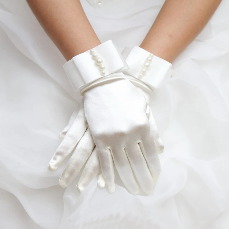 

New 1pair Gloves Womens Short Full Fingers Faux Pearl Beaded Gloves With Bow Satin