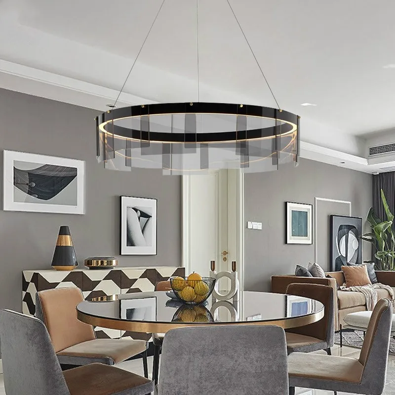 

Living Room Gray Glass Led Pendnat Lights Black Metal Led Dimmable Hanging Lamp Round Suspend Lighting Indoor Lighting Fixtures