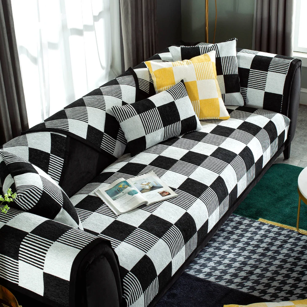 

Modern Geometric Sofa Cover Black White Plaid Cotton Linen Sofa Towel Non-slip Cushion Pillowcase Slipcover Simplicity Sofa Set