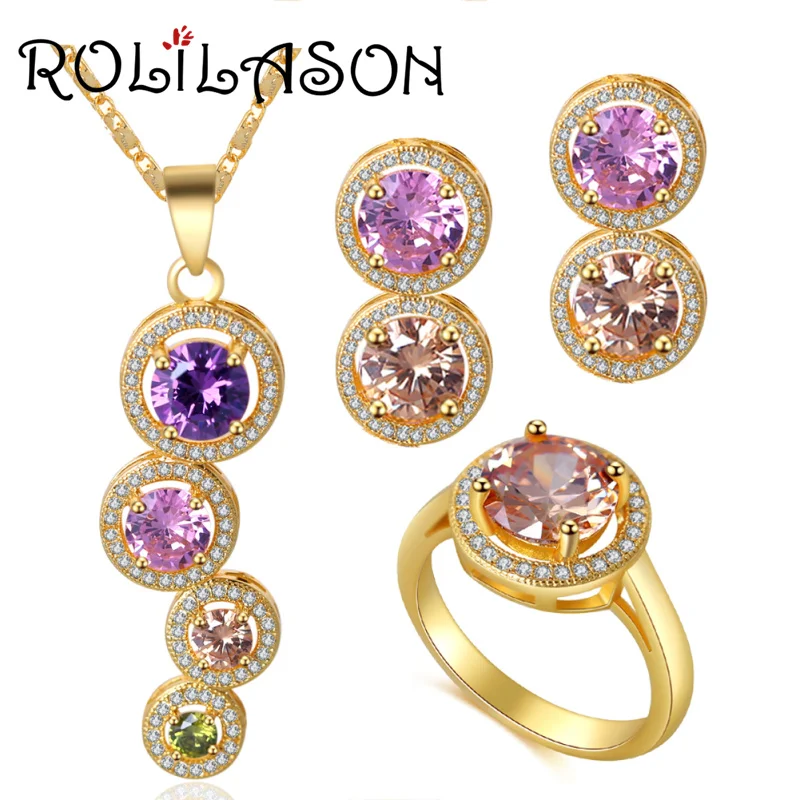 

Passionate multicolor zircon Healthy lead-free yellow gold tone earrings necklace ring size jewelry set #6#7#8#9#10 JS733