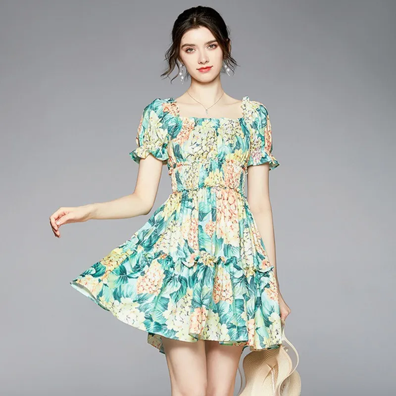 

2021 summer Elegant Female Beach Vestidos Puff Sleeve Square Sleeve Flower Print Mini Dress