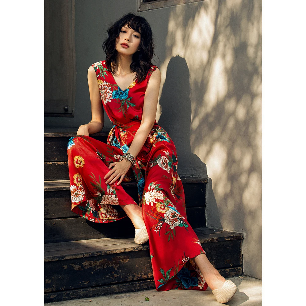 Цветочный комбинезон с широкими штанинами лето 2019 длинные брюки пляжный костюм