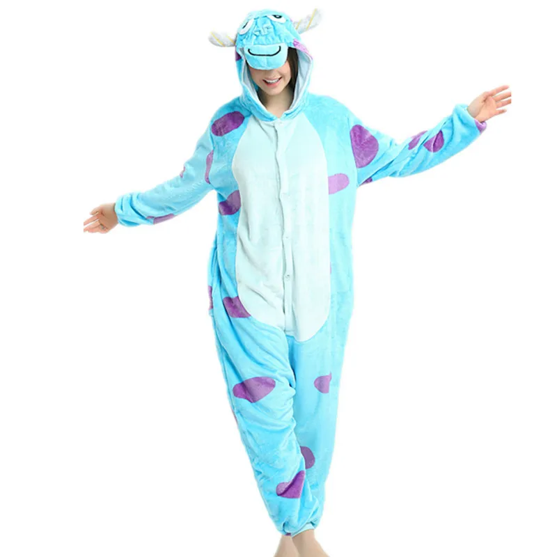 Cute Cartoon Kigurumi Blue Monster Pajamas Long Sleeve Hooded Onesie Adult Women Animal Halloween Christmas Sleepwear