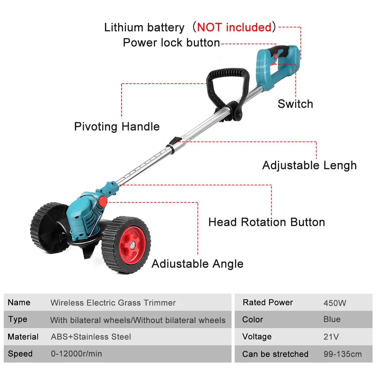 Cordless Electric Grass Trimmer 450W Lawn Mower Weeds Brush Length Adjustable Cutter Garden Tools for  Makita 18V Battery