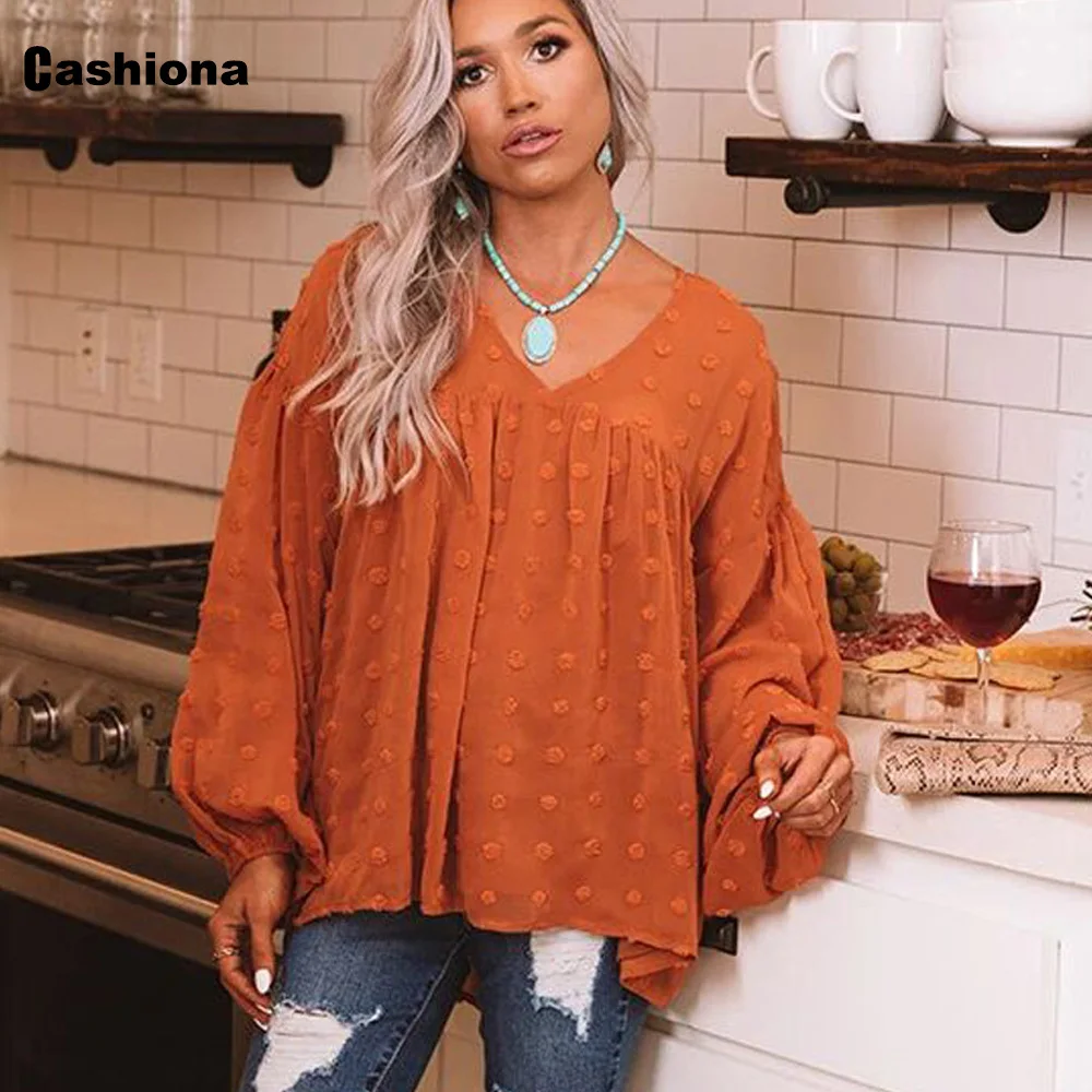 

Women Elegant Leisure Blouse Lantern Sleeve Dot Tops Chiffon Shirts Loose Feminina blusas shirt ropa mujer womens clothing 2020