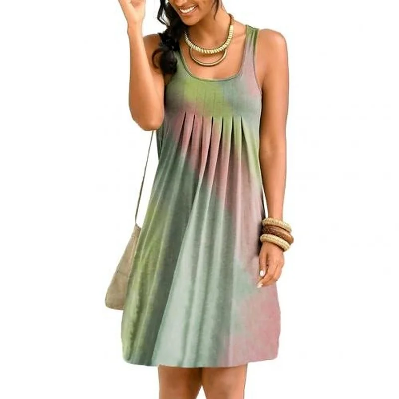 

Летнее платье для девочек; Повседневные женские без рукавов круглый вырез горловины тай-дай плиссированный подол юбки платье без рукавов с ...