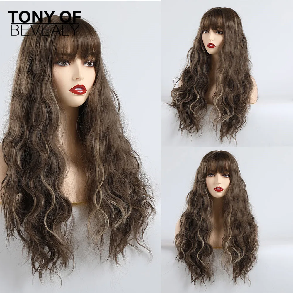 

Synthetic Long Wave Afro Natural Hair Wigs With Bangs For Black Women Brown Gray Grey Wavy Wigs With Bangs Heat Resistant Fiber