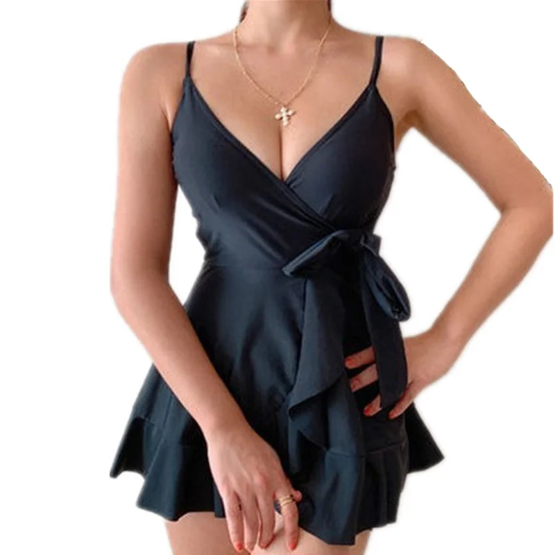 Женский слитный купальник пуш-ап однотонный в Корейском стиле с юбкой для живота