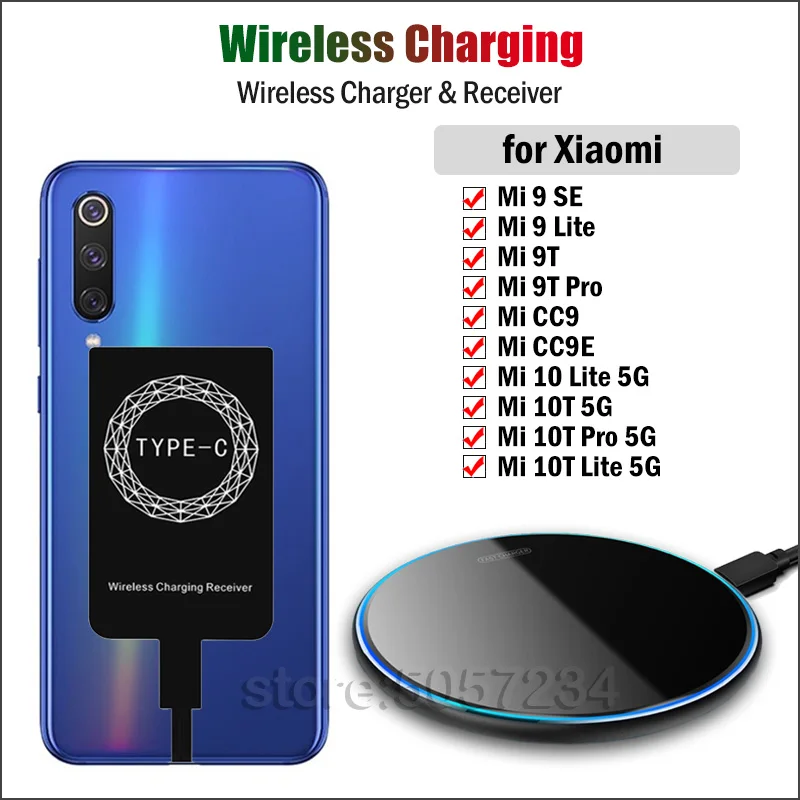 

Wireless Charging for Xiaomi Mi 9 SE 9T Pro CC9 CC9E Mi 10T Pro 9 10 Lite Wireless Charger+Qi Receiver Type-C Charging Adapter