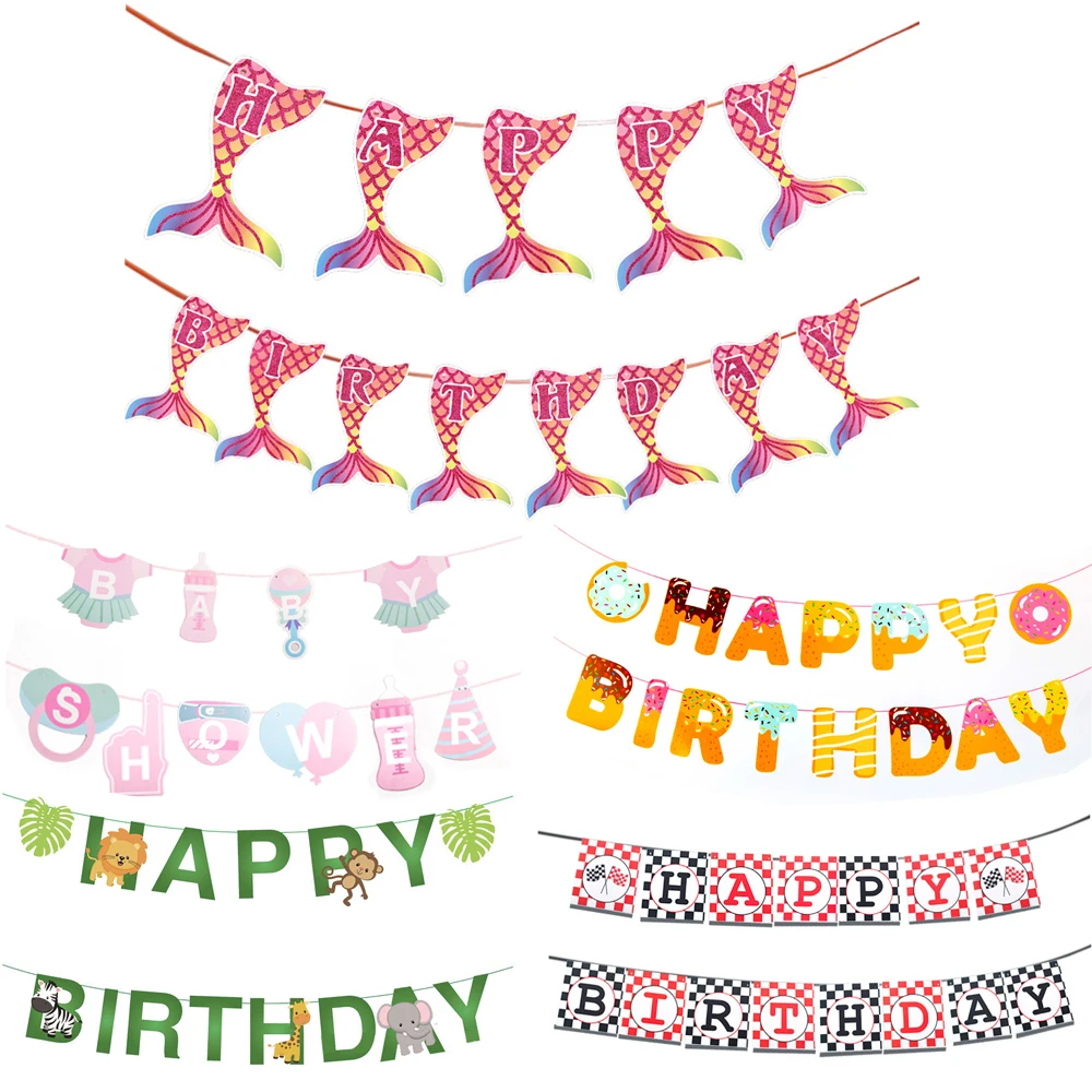 

Paper Bunting Garland Banners Mermaid Flags Happy Birthday Banner For Boy Girl Baby Shower Decoration Wedding Birthday Party