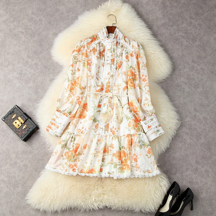 

European and American women's wear for summer 2021 Long sleeve collar lace stitching print lace-up Fashion dress