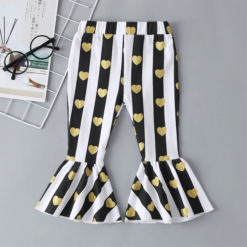 

Children Clothes Baby Girls Pants Printed Heart Stripe Boot Cut Pants Flare Trousers Bell-bottomed Pants Clothing