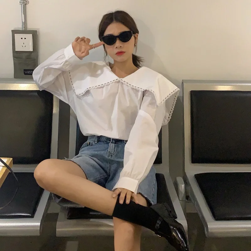 

Retro Gentle Blouses Big Turn-Down Collar Solid Streetwear 2021 Office Lady Casual Chic All Match Stylish Female Shirt Tops