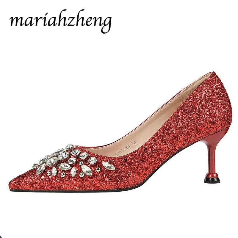 

Mariahzheng 6,5 см модные стразы; Женские туфли на высоком каблуке с закрытым острым носком и блестками; Туфли на высоком каблуке со стразами женск...