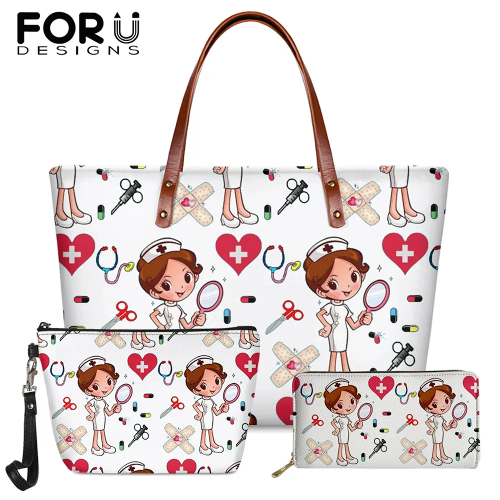 

FORUDESIGNS Cartoon Nurse Print Women Casual Purse and Handbags 3Set Large Capacity Ladies Hospital Shoulder Bags Bolsa Feminina