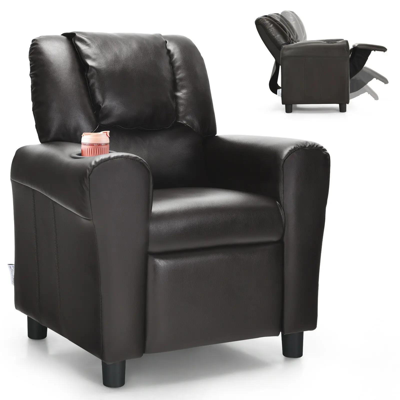Honeyjoy Kids Recliner Chair PU Leather Armrest Sofa w/Footrest Cup Holder Brown  HW54210CF