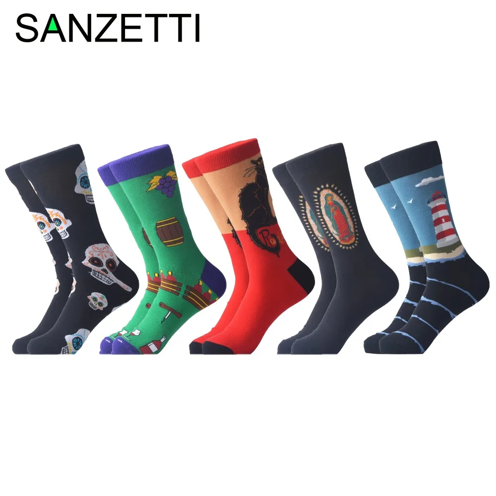 SANZETTI 5 пара/лот счастливые мужские носки повседневные носки из чесаного хлопка носки для лодок подарок для свадебной вечеринки яркие носки