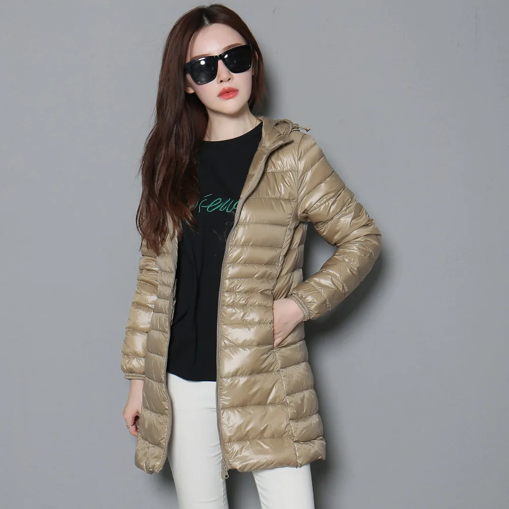 

Womens Winter 90% White Duck Down Packable Coat Ultra Light Down Jackets Lady Hooded Long Down Overcoat Plus Size S-6XL JK-152
