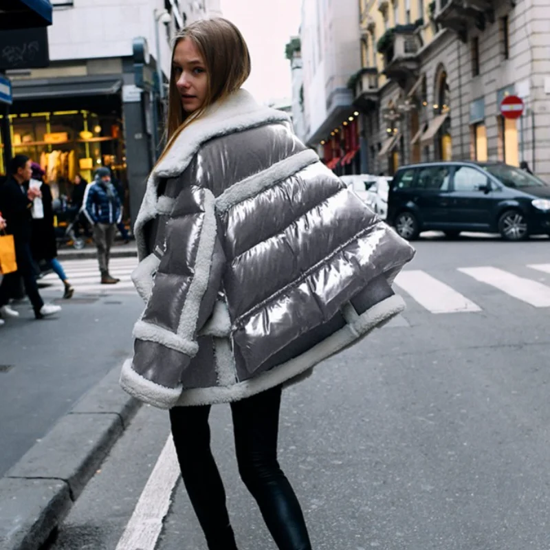 

New High-quality Women's Winter Genuine Leather Jacket Women Lamb Fur Bright Silver Clothes Lady's Real Sheepskin Down Coat