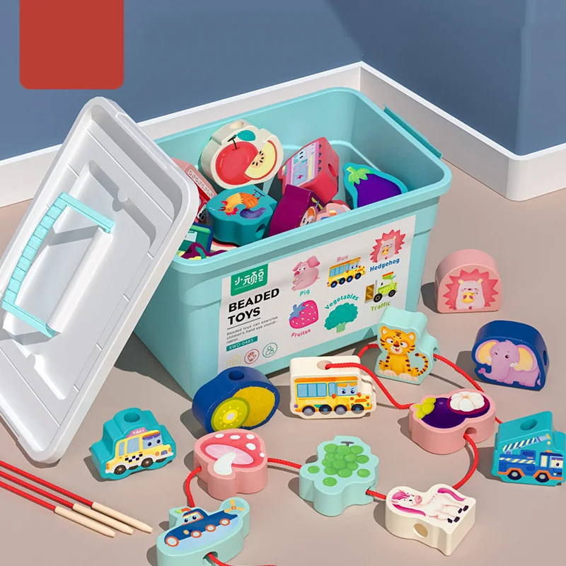 

Large Blocks Cartoon Animal Wooden Toys Baby Stringing Threading Beads Game Montessori Educational Toys For Children Kids Gifts