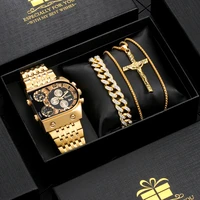 watches mens 2021 luxury golden watches diamond cross necklace bracelet gift set for men business quartz wrist watch for men