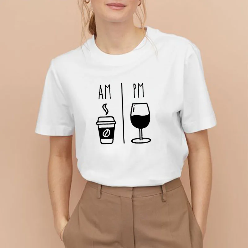 Женская футболка с коротким рукавом AM COFFEE PM WINE хлопковая свободная Черно-белая