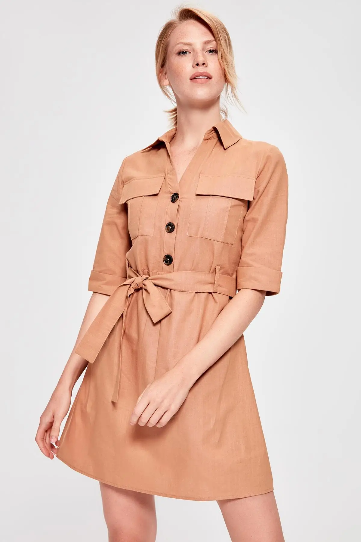 Trendyol Camel платье на пуговицах с поясом TWOAW20EL0687|Женские платья| |