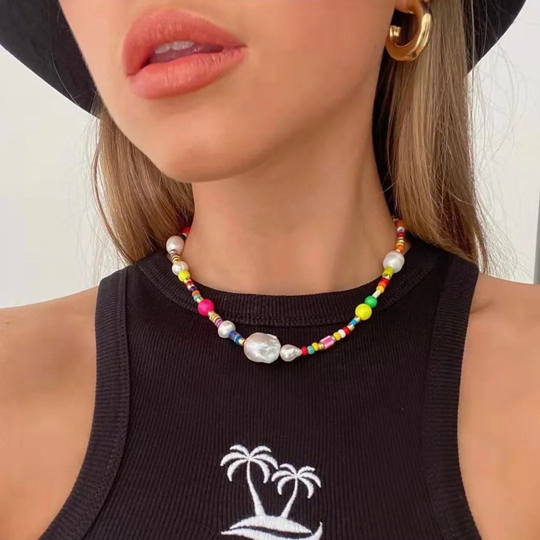 

KKBEAD Luxury Baroque Pearl Necklace Jewelry Gift Boho Summer Colorful Beaded Choker Bohemian Freshwater Pearls Necklaces Women
