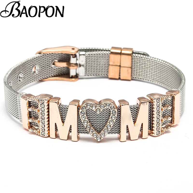BAOPON Fashion MOM Stainless Steel Mesh Bracelets For Women Mother Heart Lock Crown Charms Bracelets Mother's Day Jewelry Gift
