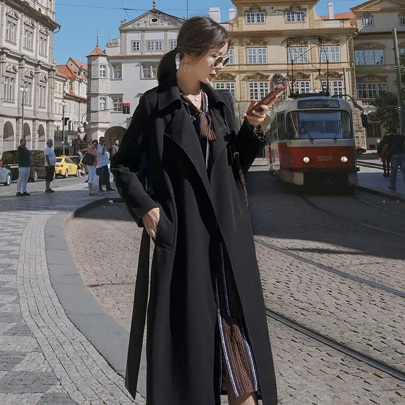 

Тренчкот женский длинный с поясом, модная уличная одежда, свободная ветровка, черный, на весну-осень