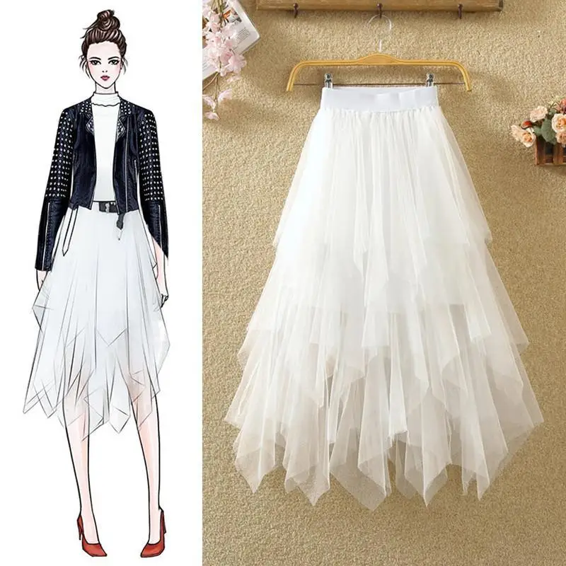 

2021 women's spring and summer high waist Joker slim irregular mesh skirt a-character unkempt skirt skirt long skirt