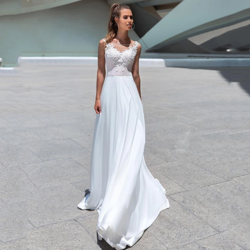 

Elegant White Wedding Dress Scoop Beading Neckline Mermaid Chiffon Bridal Gowns Lace Up Back Brides Dress With Applique