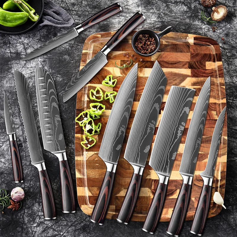 

Набор кухонных ножей 1-11 шт., острые японские резцы сантоку с лазерным узором Дамаска, мясницкий нож для шеф-повара