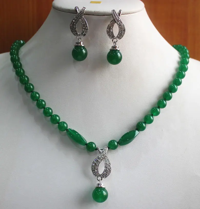 

Fashion 8mm Green/Jades Silver Plated Dangle Earring Necklace Pendant Jewelry Set