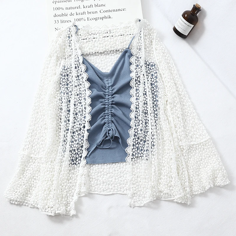 

Pearl Diary Women Spring Summer Crochet Cardigan Beach Knitting Cover Up Flare Sleeve Scallop Edge Casual Crochet Kimono Tops