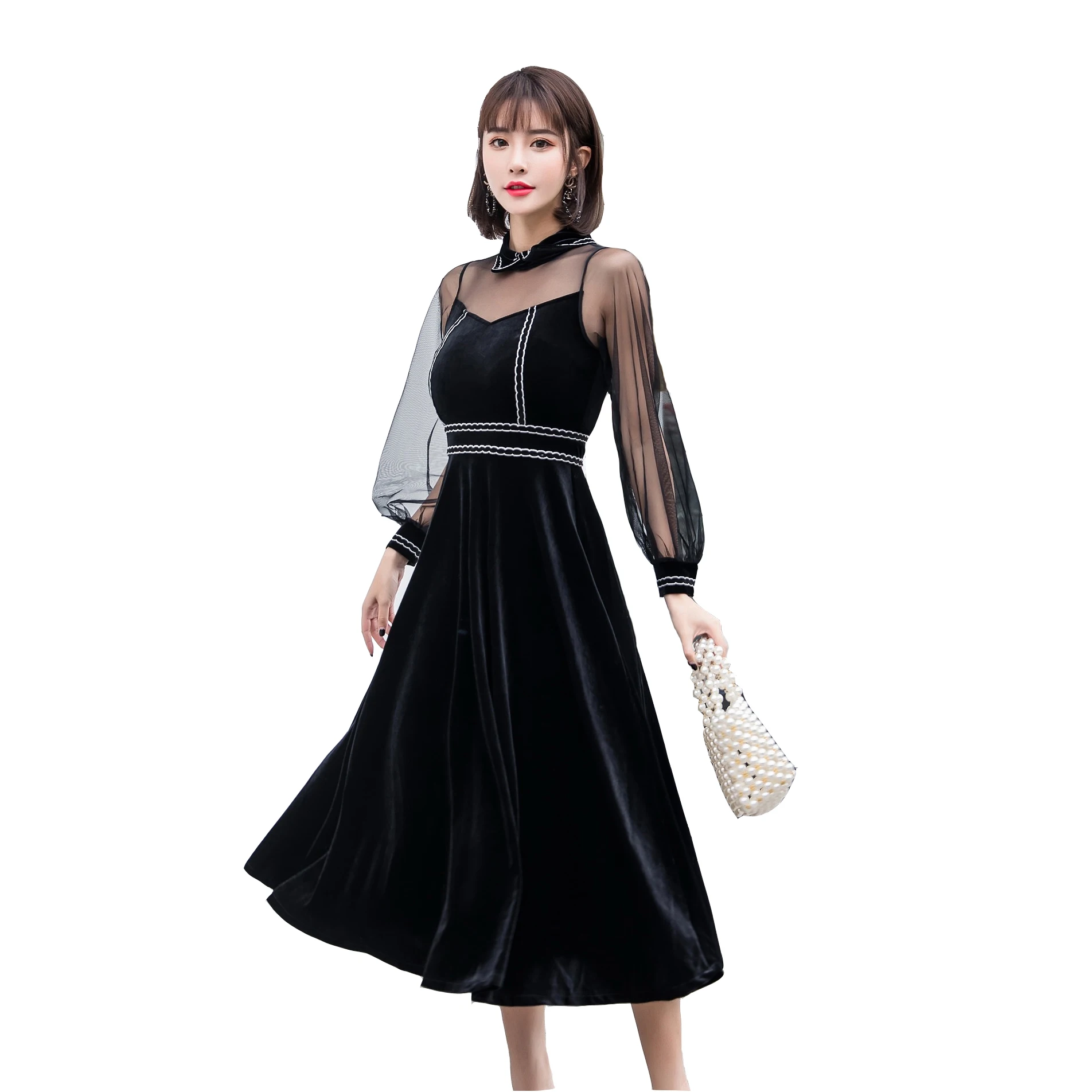 2019 Новое Осеннее женское платье с длинными рукавами в стиле пэчворк сетки