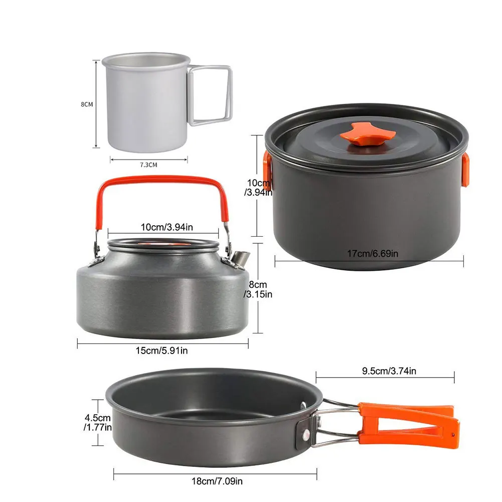 

Camping Picnic Cooking Kit Tableware Set Equipment with Pot Pan Spoon Fork Mini Gas Stove Cup for Outdoor Hiking 10PCS Orange