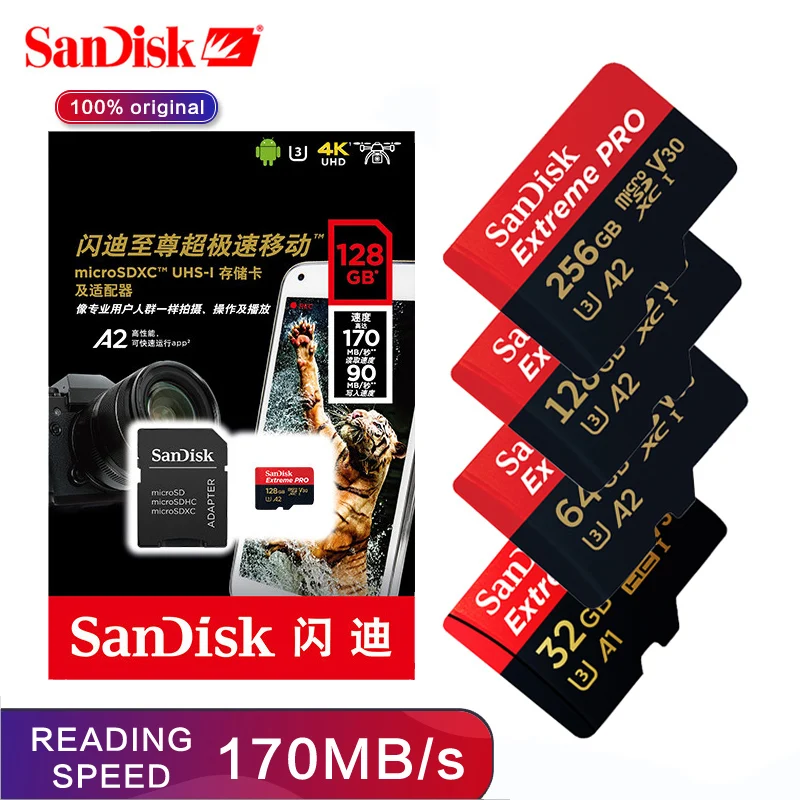 100% Sandisk Extreme Pro Micro SD Card up to 170MB/s A2 V30 U3 32gb 64gb 128gb 256gb A1Memory SDXC Flash TF | Компьютеры и офис