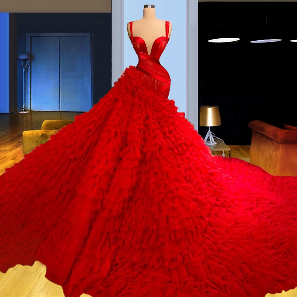 Rotating Asymmetric Ruffled Skirt Elegant Dress Women For Wedding Party vestidos de promoción vestidos de graduación Red Prom
