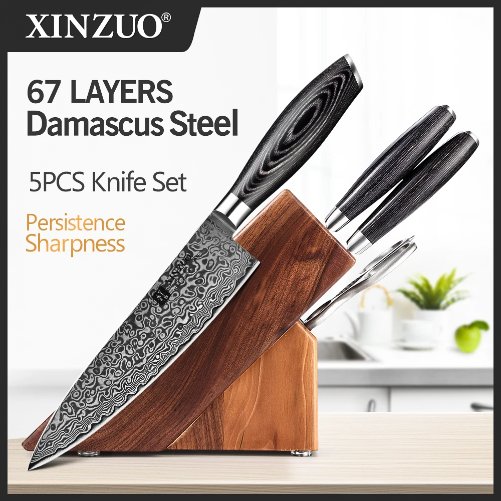 

Xinzuo 5PCS Knife Set High Carbon Damascus Stainless Steel Chef Santoku Boning Knife Fishing Knife Meat Cleaver Cooking Cutter