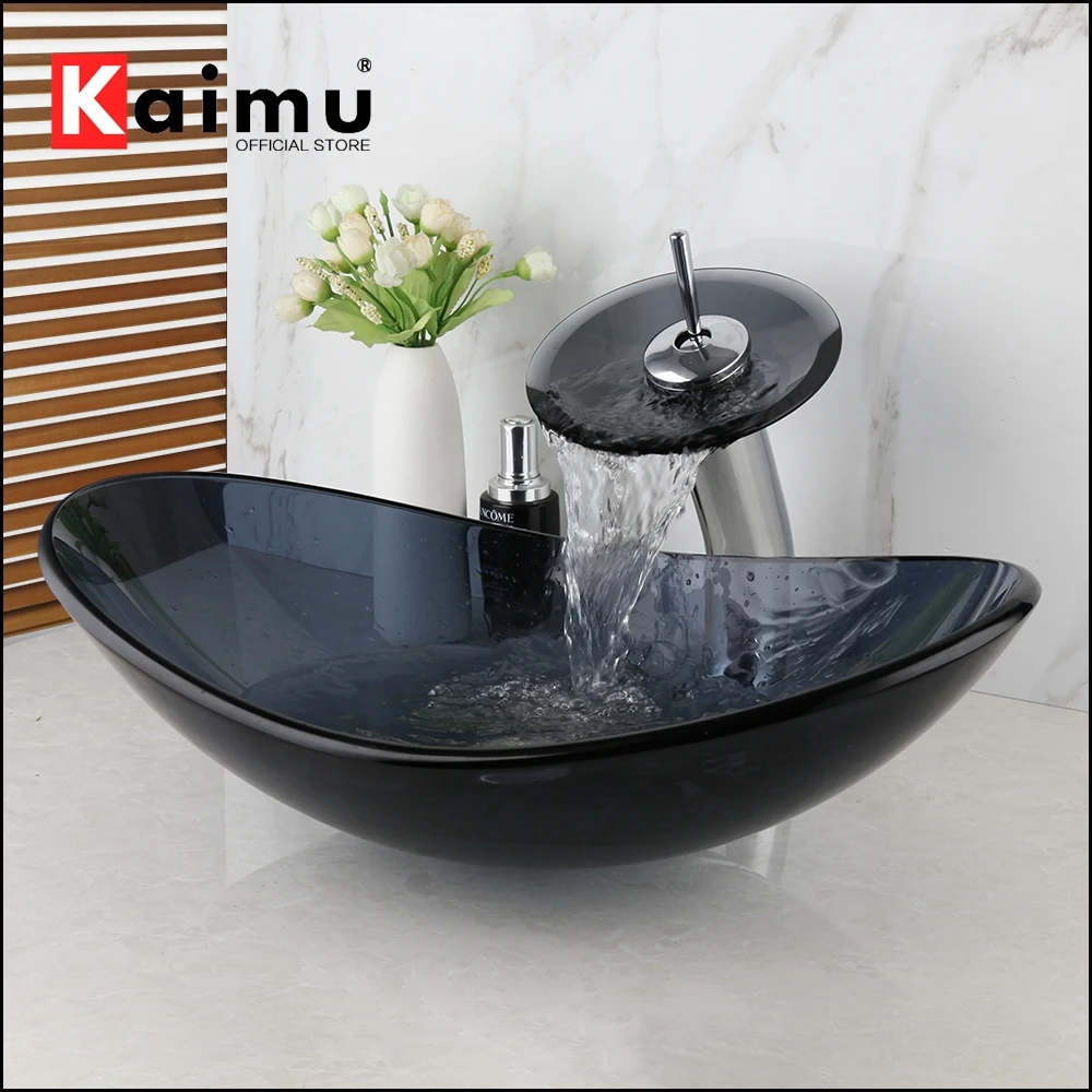

Black Tempered Glass Oval Washroom Basin Vessel Vanity Sink Set Transparent Bathroom Washbasin Brass Mixer Tap Faucet w/ Drain