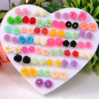 36 pairsset pink flower earrings fashion trendy mix cartoon plastic anti allergy stud earrings for women girls child jewelry