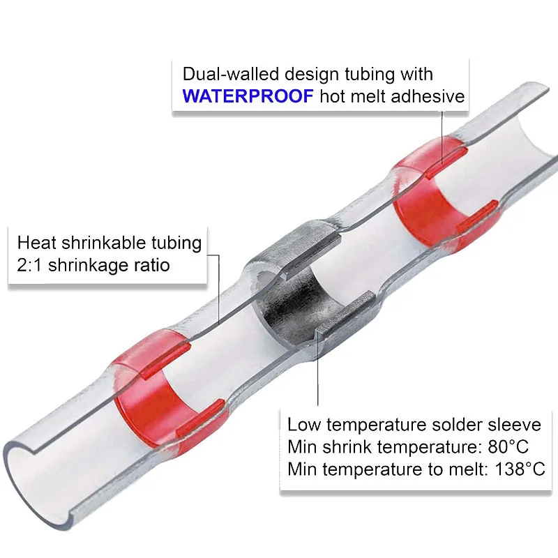 200 шт AWG 22 18 Красный паяльник уплотнение провода разъемы термоусадочные стыковые